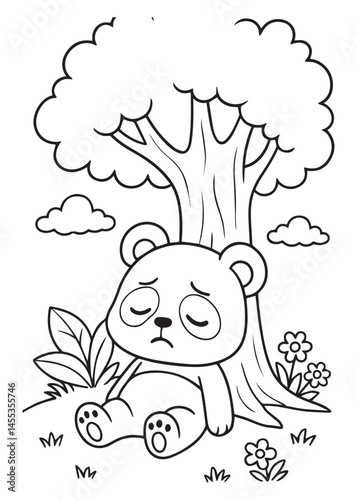 Coloring book panda with closed eyes rests sadly under a tree