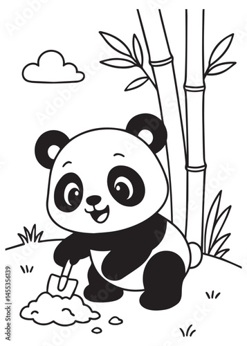 Coloring book panda playfully digs in the earth near bamboo. 