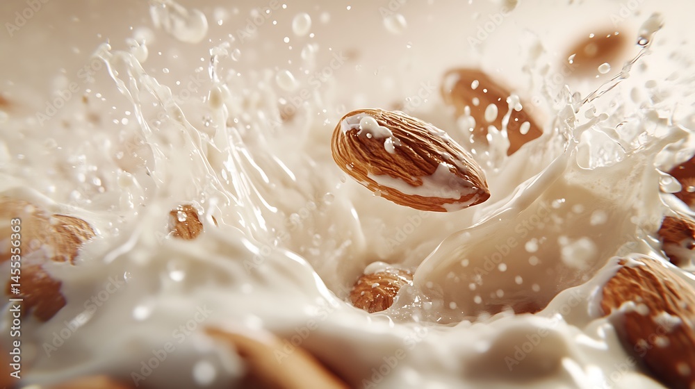 Several almonds are plunging into a creamy liquid creating dynamic splashes and a visually appealing moment Several almonds are plunging into a creamy liquid creating dynamic splashes and a visually appealing moment