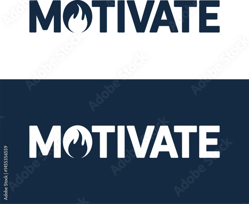 A logo design for "Motivate" features a stylized flame within the "O".
