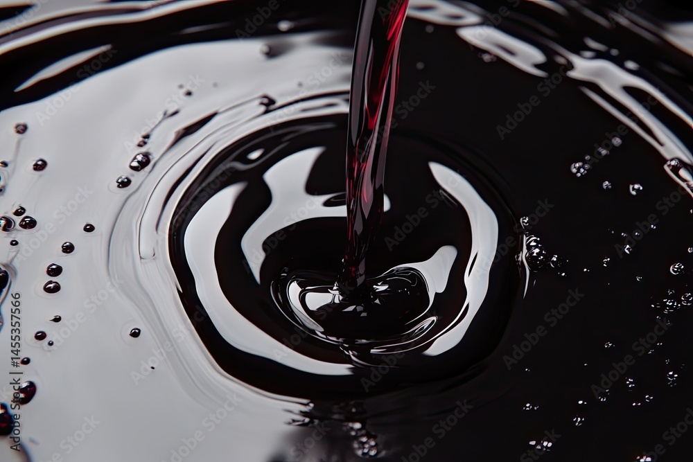 Dark, viscous liquid being poured, creating concentric ripples and circular patterns. The liquid has a rich, deep color. Small bubbles are visible on the surface Dark, viscous liquid being poured, creating concentric ripples and circular patterns. The liquid has a rich, deep color. Small bubbles are visible on the surface