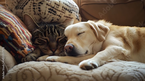 Wallpaper Mural Cat and Dog Sleeping Together: A cozy scene of a cat and dog snuggled up and sleeping together on a comfortable couch.
 Torontodigital.ca