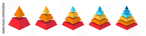 Colorful pyramid. Triangle diagram infographic set. Conceptual progression of pyramid. 2, 3, 4, 5, and 6 parts	