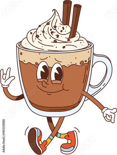 Groovy fast food coffee dessert drink character. Cafe cappuccino or latte sweet beverage groovy vector character. Fast food milk desert drink with whipped cream and chocolate cup cheerful personage