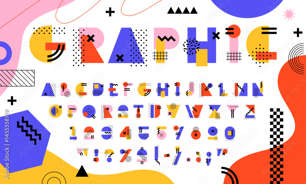 Headline memphis font, modern geometric typeface, 90s 80s type, party alphabet letters and numbers vector typography. Color block font abc characters set, abstract memphis geometric typeface