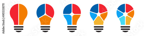 LIght bulb chart segmentation. Colorful diagram infographic set. Segmented of 2, 3, 4, 5, and 6 parts. Template for graph presentation and chart.