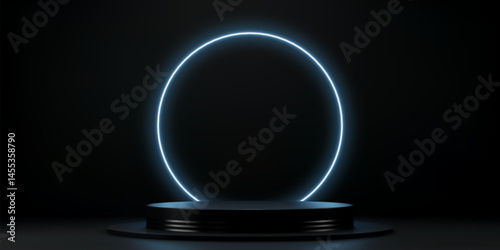 Realistic black podium stage with neon glow frame. 3d vector background with realistic circular pedestal illuminated with blue circular light border. Empty glowing scene for product presentation show