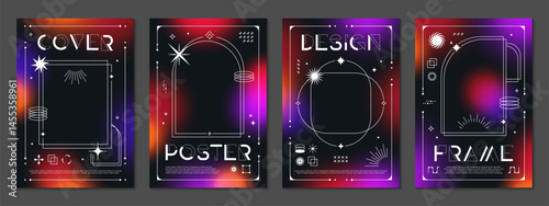 Dark gradient y2k posters with modern typography, cosmic elements and sci fi aesthetic. Vector abstract background or cover templates with linear celestial shapes for digital, tech and cyberpunk theme
