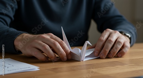 Man Carefully Folding Origami Crane: A Symbol of Peace and Patience