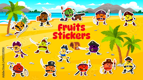 Cartoon fruit pirate and corsair characters stickers pack. Vector pineapple, kiwi, watermelon orange, lemon and pear. Banana, peach, apple, plum, mango and pomegranate on a tropical island with palms