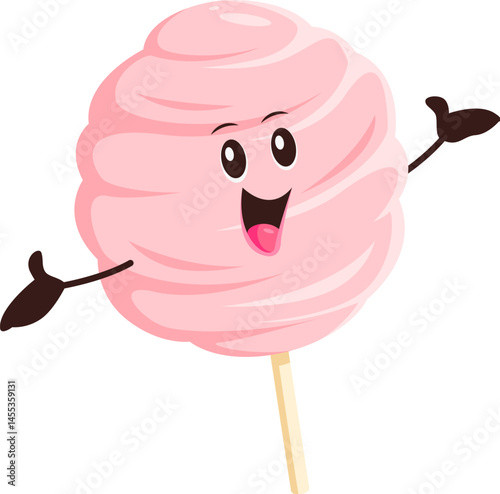 Cartoon funny cotton candy or fast food dessert character, vector personage. Cute pink candyfloss with happy face and smile or laugh for fast food sweet dessert character and kids candy emoji
