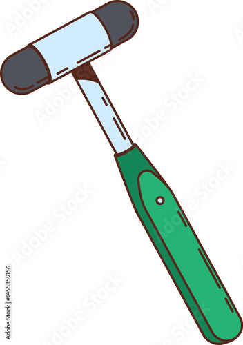 Cartoon groovy reflex hammer with a green handle and a dual sided rubber head. Vector medical tool used by doctors to test deep tendon reflexes and neurological responses in clinical examinations
