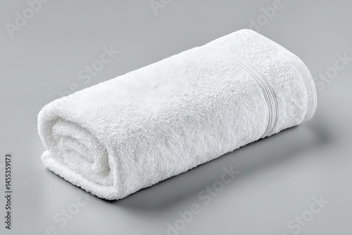 Soft, fluffy white bath towel rolled up on a gray background. Perfect for spa, hotel, or bathroom imagery.