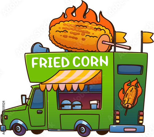 Food truck car or street festival van with fried corn, vector cartoon mobile cafe. Street food truck or booth kiosk with fried corn snack, fast food vendor van or shop truck cart of summer park market