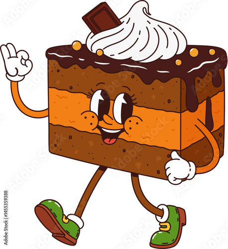 Cartoon groovy chocolate cake dessert character flashing ok sign. Isolated vector pastry personage retro with layered body, topped with whipped cream. Fun slice of cake with big smile and y2k sneakers