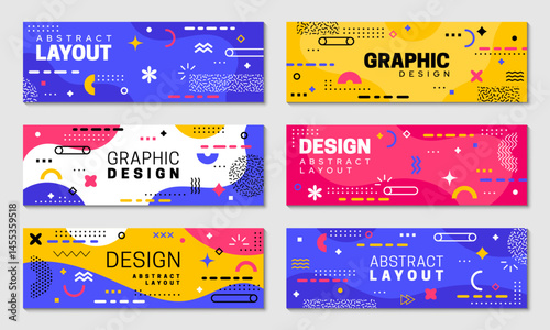 Geometric Memphis banners with abstract patterns. Vector horizontal cards with modern, and dynamic design captures vibe of 80s ethos. Layouts with vibrant colors, bold ornaments and eclectic shapes