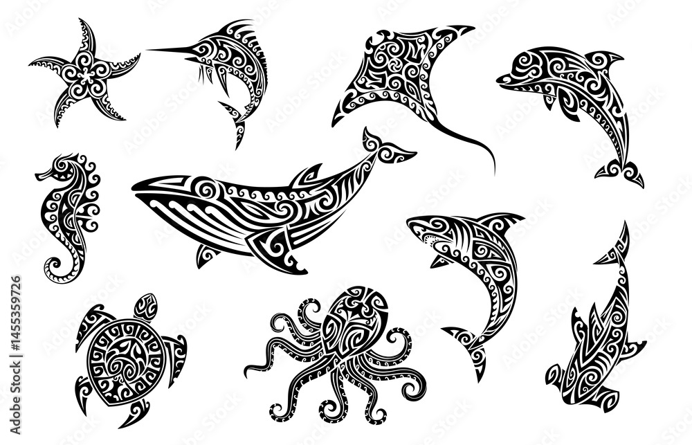 Tribal sea animal Maori tattoo set featuring black silhouettes of ocean creatures with swirling patterns. Vector shark, star, whale, dolphin and sea horse, octopus, turtle or stingray with swordfish