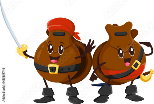 Cartoon castanets musical instruments pirate and corsair characters with cheerful faces, boots, belts and bandanas, holding sword, exude a fun and adventurous vibe for Latino musical performance