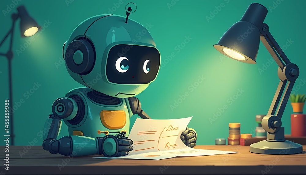 Fototapeta premium Robot Reads Document at Desk