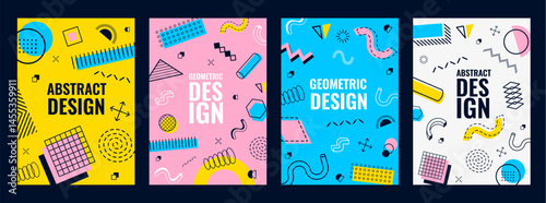 Memphis cover background. Modern posters with abstract geometric shapes. Vibrant vector vertical cards with bold colors and playful patterns, dynamic visual compositions with retro futuristic flair