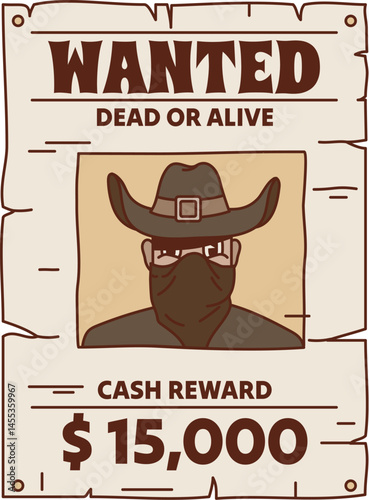 Cartoon groovy vintage wanted Wild west poster featuring a masked outlaw cowboy bandit character wearing a wide brimmed hat and bandana. Vector western dead or alive announcement with a cash reward
