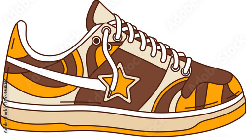 Cartoon groovy retro sneaker. Isolated vector vintage laced teenager shoe, funky footwear boot in vibrant yellow and brown colors and a star pattern. Symbol of youth y2k hippie culture