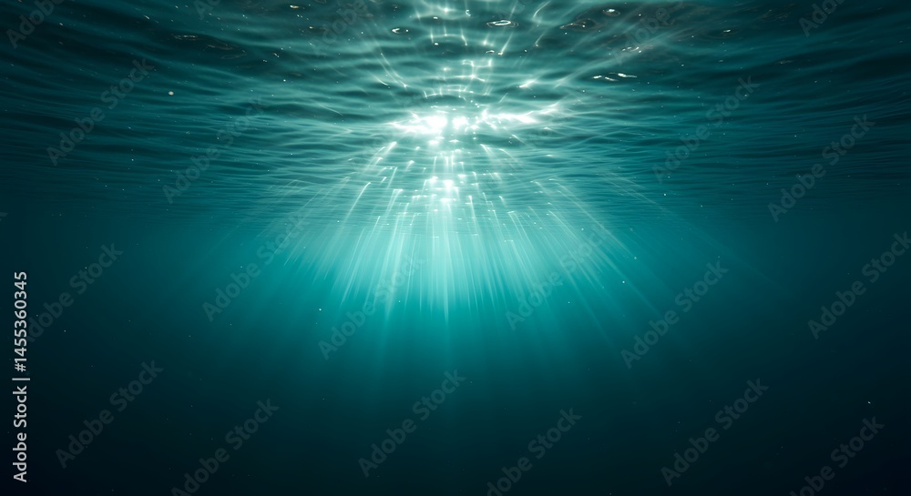Obraz premium Underwater Ocean Scene Sunbeams Shining Through the Turquoise Water, Deep Sea.