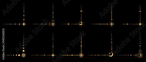 Magic esoteric celestial border corners vector set. Boho style elegant frames, space decoration with cosmic patterns and stellar embellishments. Decorative golden angles with stars, moons and suns