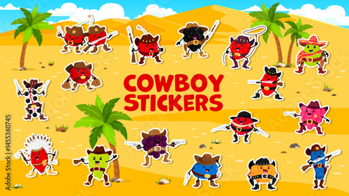 Cartoon cowboy and bandit berry characters stickers pack. Western cherry, strawberry, blackberry and raspberry. Blueberry, green and purple grape, cranberry, blackcurrant and redcurrant fruit patches