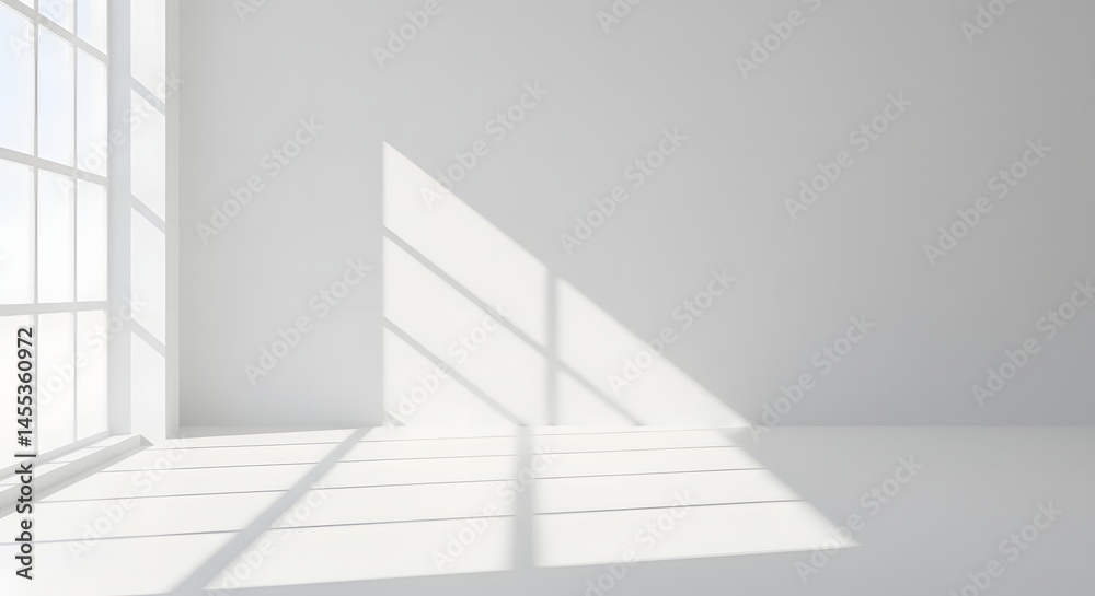 Fototapeta premium Minimalist White Room Interior with Sunlight and Window Shadows - Empty Space, Modern Architecture.
