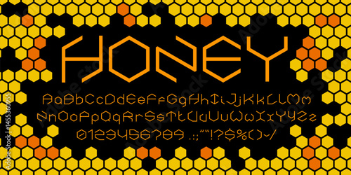Honey comb font, hexagon honeycomb typeface, cube hive type, y2k geometric alphabet on beehive combs pattern vector background. English alphabet letters and numbers font in shape of honeycomb