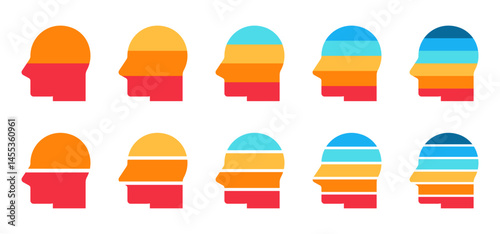 Head segmentation. Colorful diagram infographic of head set. Conceptual of thinking creative idea. Segmented of 2, 3, 4, 5, and 6 parts. 