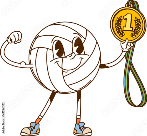 Cartoon retro groovy volleyball ball character celebrating victory, holds a gold medal with number one, flexing its arm in pride, symbolizing success, sportsmanship, and achievement in a powerful pose