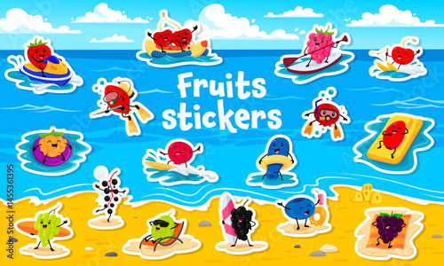 Berry characters on summer vacation stickers pack. Cartoon vector fruits enjoying on a beach fun activities like surfing and sunbathing, paddleboarding, jet skiing, snorkeling or relaxing on the beach