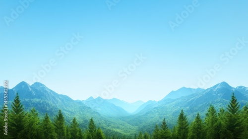 Serene Mountain Vista: A Panoramic View of Majestic Peaks and Lush Evergreen Forests Under a Clear Blue Sky