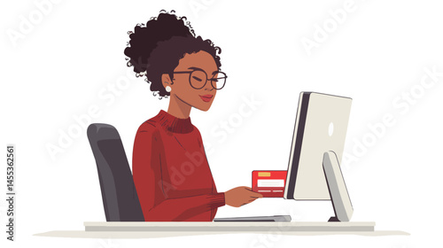 vector cartoon woman work with compter
