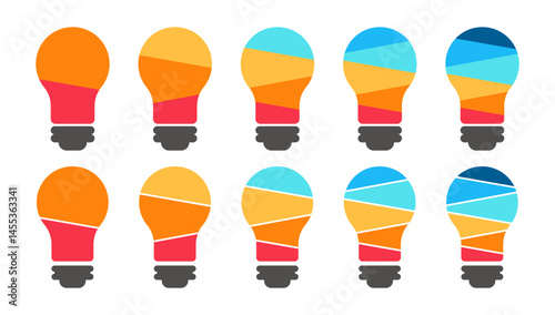 LIght bulb segmentation. Colorful diagram infographic set. Segmented of 2, 3, 4, 5, and 6 parts. Template for graph presentation and chart.