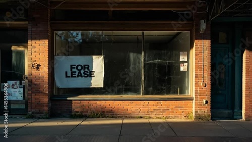 Vacant brick storefront with large lease sign under bright sunlight