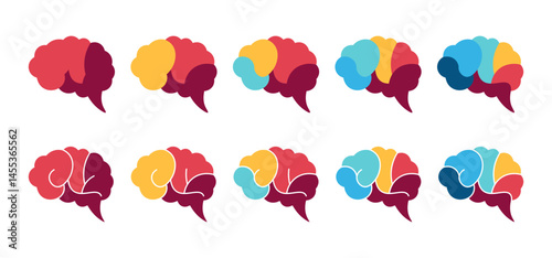 Brain segmentation. Colorful diagram infographic of brain set. Conceptual of thinking creative idea. Segmented of 2, 3, 4, 5, and 6 parts. 