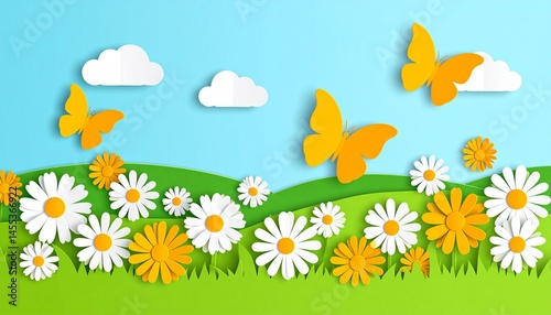 Beautiful daisy field. paper art. Paper cut style spring flowers pattern and grass seamless border header. Place for text. Colorful flying butterfly.