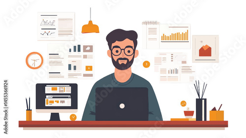 vector cartoon businessman working front laptop