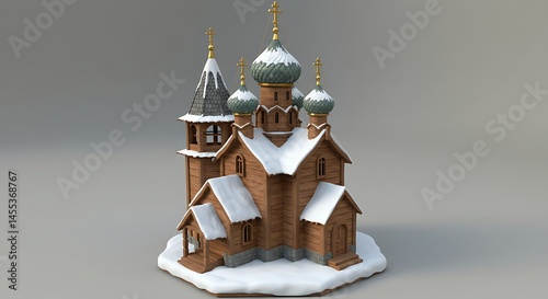 A small 3D model of a Russian Orthodox church with onion domes and snow-covered roofs
