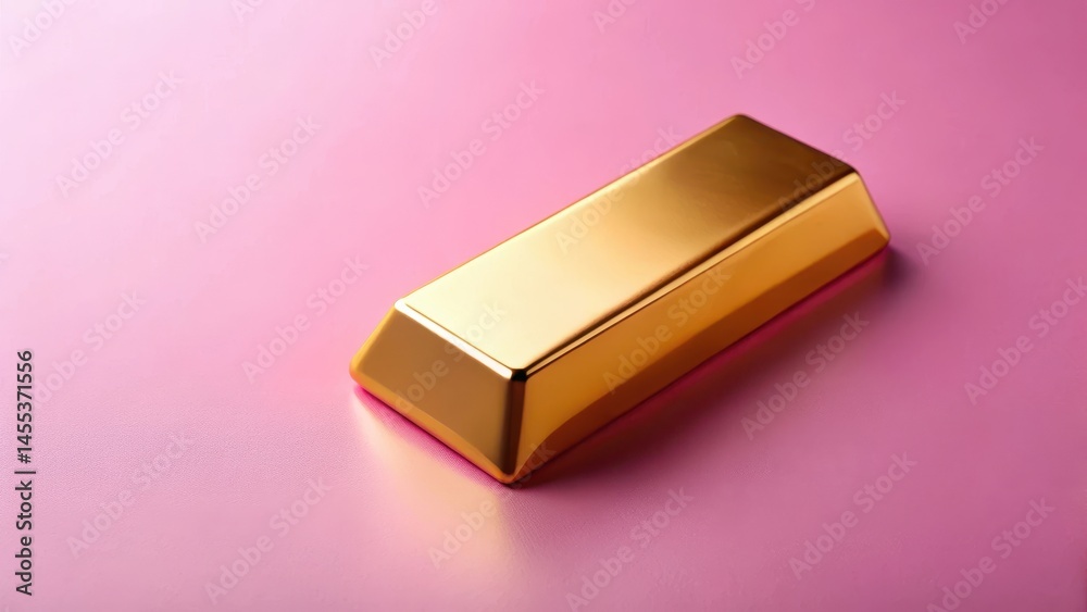 Close-up of a gleaming gold bar on a pink background, precious metal, decorative, precious metal, decorative Close-up of a gleaming gold bar on a pink background, precious metal, decorative, precious metal, decorative