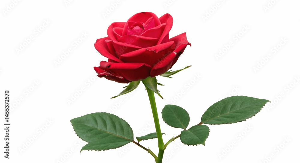 Rose Flower with Leaves Isolated on Transparent PNG Background – Elegant Bloom with Soft Petals and Green Foliage, Ideal for Nature, Floral Designs, and Romantic Themes
