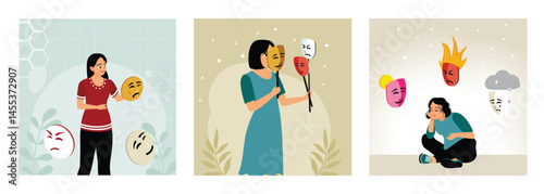 A woman with a mask of changing expressions of feelings.