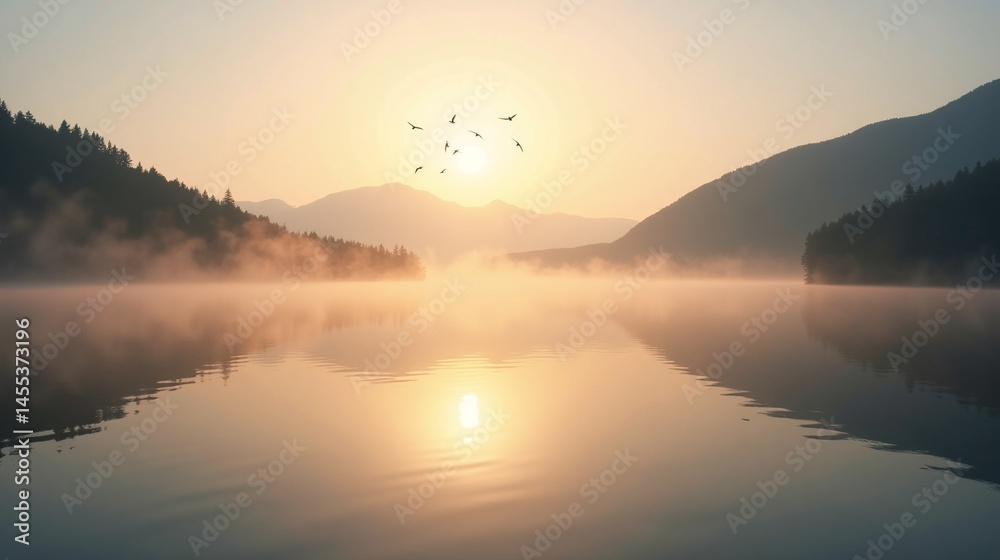 Obraz premium Tranquil Oasis: The Peaceful Awakening of a Mountain Lake
