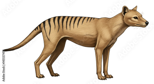 Thylacine (Tasmanian Tiger) Isolated on Transparent PNG Background – Extinct Carnivorous Marsupial with Striped Coat and Unique Features, Ideal for Wildlife, History, and Endangered Species