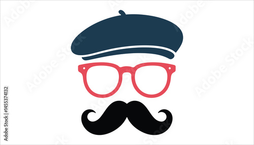 Hipster Face Vector. Mustache, Glasses, and Beret Icon.
Retro Gentleman Silhouette Design.