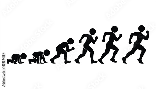 Evolution of Movement Vector. From Crawling to Running Stick Figure Silhouette. Growth and Progress Concept.