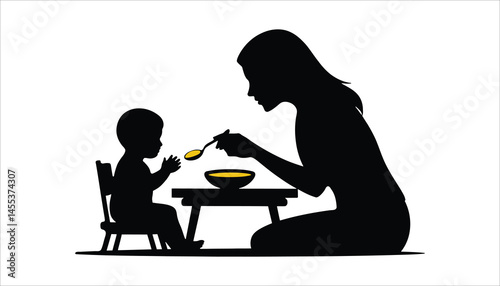Mother Feeding Baby Vector. Mom and Child Silhouette at Meal Time. Parenting Illustration.